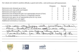 We were very happy with Jonathan, Nick, Alex, Justin, and Irron. They were very patient. We are hoping they are available for the second half of the move!