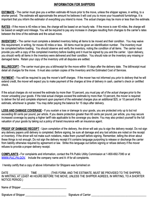 Learn about Pennsylvania's Information for Shippers document - a required consumer protection form for movers covering estimates, payments, and your rights.