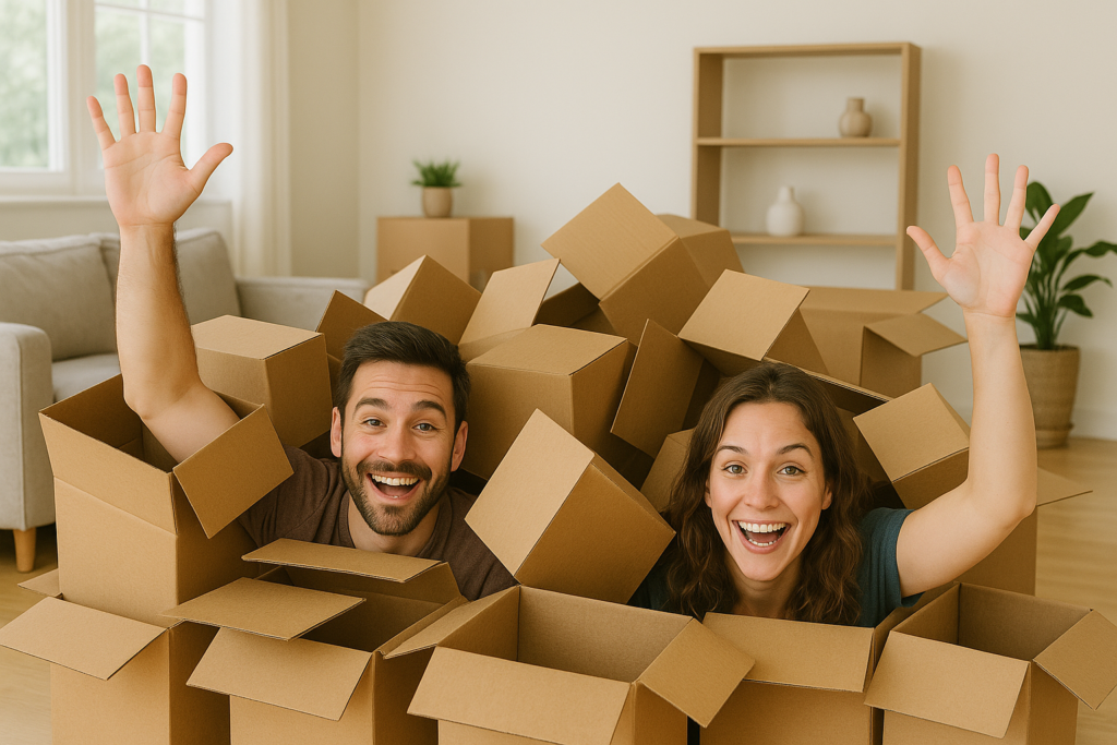 a couple buried in boxes after a move